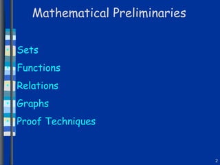 Mathematical Preliminaries Sets  Functions Relations Graphs Proof Techniques 
