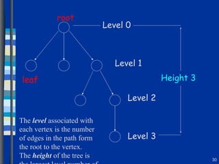 root leaf Level 0 Level 1 Level 2 Level 3 Height 3 The  level  associated with each vertex is the number of edges in the path form the root to the vertex. The  height  of the tree is the largest level number of any vertex. 