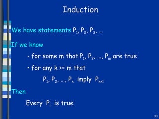 Induction We have statements   P 1 , P 2 , P 3 , …  If we know for some m that P 1 , P 2 , …, P m  are true for any k >= m that P 1 , P 2 , …, P k   imply  P k+1 Then   Every  P i   is true 
