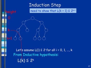 Induction Step From Inductive hypothesis: height k k+1 Let’s assume L(i)  ≦  2 i  for all i = 0, 1, …, k need to show that L(k + 1)  ≦  2 k+1 0 … L(k)  ≦  2 k 