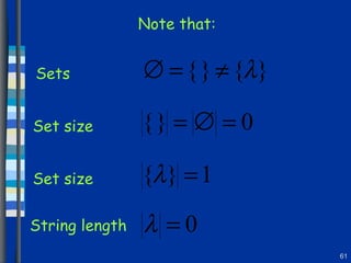 Note that: Sets Set size Set size String length 