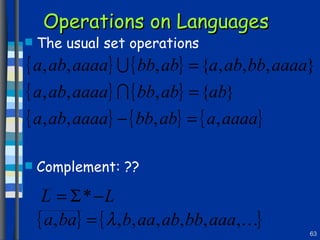 Operations on Languages The usual set operations Complement: ?? 