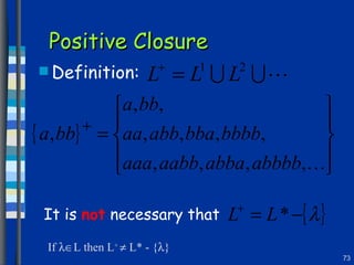 Positive Closure Definition: If   L then L +    L* - {  } It is  not  necessary that 
