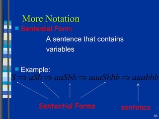 More Notation Sentential Form: A sentence that contains  variables Example: sentence Sentential Forms 