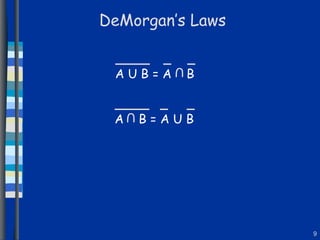 DeMorgan’s Laws A U B = A  B U A  B = A U B U 