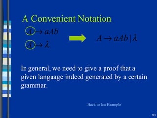 A Convenient Notation In general, we need to give a proof that a given language indeed generated by a certain grammar. Back to last Example 