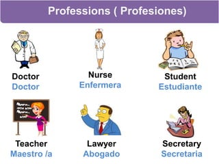 Professions ( Profesiones)NurseEnfermeraDoctorDoctorStudentEstudianteTeacherMaestro /aLawyerAbogadoSecretarySecretaria