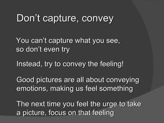 Don’t capture, convey

You can’t capture exactly what
you see, so don’t even try

Instead, try to convey the feeling!

Good pictures are all about conveying
emotions, making us feel something

The next time you feel the urge to take
a picture, focus on that feeling
 