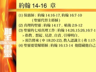 約翰 14-16 章
(1) 保惠師 : 約翰 14:16-17, 約翰 16:7-10
       ( 聖靈代替主耶穌 )
(2) 真理的聖靈 : 約翰 14:17 , 帖後 2:9-12
(3) 聖靈的七項真理工作 : 約翰 14:26,15:26,16:7-14
   > 指教 , 想起 , 見證 , 自責 , 引導明白 ,
   > 預告將來 ( 申 18:20-22), 教人認識主 ( 弗 1:17-
(4) 聖靈要榮耀耶穌 : 約翰 16:13-14 他隱藏他自己
 