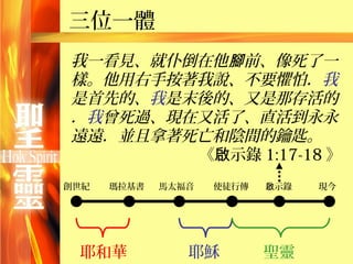 三位一體
我一看見、就仆倒在他腳前、像死了一
樣。他用右手按著我說、不要懼怕．我
是首先的、我是末後的、又是那存活的
．我曾死過、現在又活了、直活到永永
遠遠．並且拿著死亡和陰間的鑰匙。
        《啟示錄 1:17-18 》
創世紀   瑪拉基書   馬太福音   使徒行傳   啟示錄   現今




 耶和華            耶穌         聖靈
 