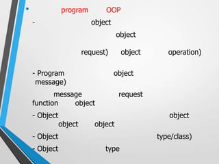 •              program         OOP
    -                     object
                                    object

                        request)      object      operation)

    - Program                      object
     message)
           message                  request
    function    object
    - Object                                      object
               object      object
    - Object                                   type/class)
    - Object                   type
 