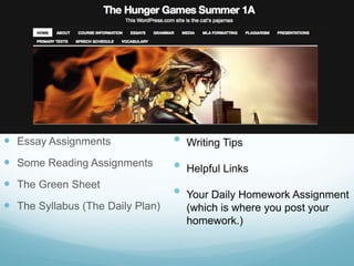 On the Website
 Essay Assignments
 Some Reading Assignments
 The Green Sheet
 The Syllabus (The Daily Plan)
• Writing Tips
• Helpful Links
• Your Daily Homework Assignment
(which is where you post your
homework.)
 