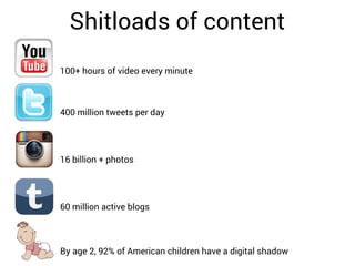 Shitloads of content
100+ hours of video every minute

400 million tweets per day

16 billion + photos

60 million active blogs

By age 2, 92% of American children have a digital shadow

 