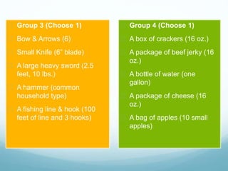  Group 3 (Choose 1)
 Bow & Arrows (6)
 Small Knife (6” blade)
 A large heavy sword (2.5
feet, 10 lbs.)
 A hammer (common
household type)
 A fishing line & hook (100
feet of line and 3 hooks)
 Group 4 (Choose 1)
 A box of crackers (16 oz.)
 A package of beef jerky (16
oz.)
 A bottle of water (one
gallon)
 A package of cheese (16
oz.)
 A bag of apples (10 small
apples)
 