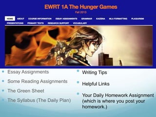 Essay Assignments
 Some Reading Assignments
 The Green Sheet
 The Syllabus (The Daily Plan)
• Writing Tips
• Helpful Links
• Your Daily Homework Assignment
(which is where you post your
homework.)
 