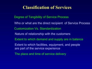 Classification of Services
Degree of Tangibility of Service Process
Who or what are the direct recipient of Service Process
The place and time of service delivery
Customization Vs. Standardization
Nature of relationship with the customers
Extent to which demand and supply are in balance
Extent to which facilities, equipment, and people
are part of the service experience
 