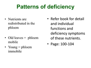 Patterns of deficiency
• Nutrients are
redistributed in the
phloem
• Old leaves = phloem
mobile
• Young = phloem
immobile
• Refer book for detail
and individual
functions and
deficiency symptoms
of these nutrients.
• Page: 100-104
 