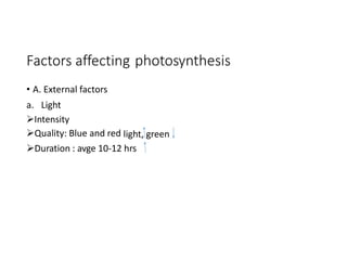 Factors affecting
• A. External factors
photosynthesis
a. Light
Intensity
Quality: Blue and red light, green
Duration : avge 10-12 hrs
 