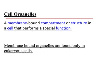 Friday, February 20, 2015
Cell Organelles
A membrane-bound compartment or structure in
a cell that performs a special function.
Membrane bound organelles are found only in
eukaryotic cells.
 