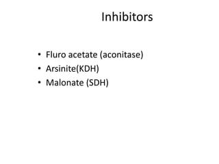 Inhibitors
• Fluro acetate (aconitase)
• Arsinite(KDH)
• Malonate (SDH)
 