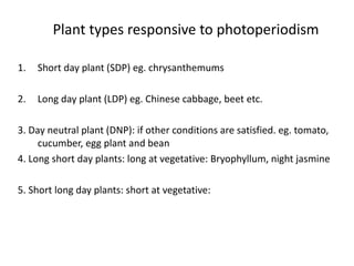 1. Short day plant (SDP) eg. chrysanthemums
2. Long day plant (LDP) eg. Chinese cabbage, beet etc.
3. Day neutral plant (DNP): if other conditions are satisfied. eg. tomato,
cucumber, egg plant and bean
4. Long short day plants: long at vegetative: Bryophyllum, night jasmine
5. Short long day plants: short at vegetative:
Plant types responsive to photoperiodism
 