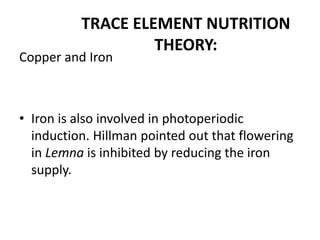 TRACE ELEMENT NUTRITION
THEORY:
Copper and Iron
• Iron is also involved in photoperiodic
induction. Hillman pointed out that flowering
in Lemna is inhibited by reducing the iron
supply.
 