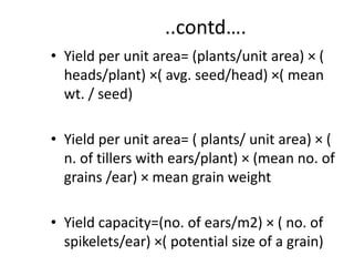..contd….
• Yield per unit area= (plants/unit area) × (
heads/plant) ×( avg. seed/head) ×( mean
wt. / seed)
• Yield per unit area= ( plants/ unit area) × (
n. of tillers with ears/plant) × (mean no. of
grains /ear) × mean grain weight
• Yield capacity=(no. of ears/m2) × ( no. of
spikelets/ear) ×( potential size of a grain)
 