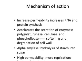 Mechanism of action
• Increase permeability increases RNA and
protein synthesis
• Accelarates the secretion of enzymes:
polygalaturunase, cellulase and
phospholipase------ softening and
degradation of cell wall
• Alpha amylase: hydrolysis of starch into
sugar
• High permeability: more repsiration:
 