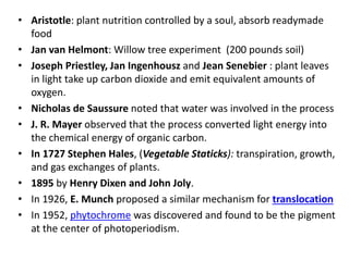 • Aristotle: plant nutrition controlled by a soul, absorb readymade
food
• Jan van Helmont: Willow tree experiment (200 pounds soil)
• Joseph Priestley, Jan Ingenhousz and Jean Senebier : plant leaves
in light take up carbon dioxide and emit equivalent amounts of
oxygen.
• Nicholas de Saussure noted that water was involved in the process
• J. R. Mayer observed that the process converted light energy into
the chemical energy of organic carbon.
• In 1727 Stephen Hales, (Vegetable Staticks): transpiration, growth,
and gas exchanges of plants.
• 1895 by Henry Dixen and John Joly.
• In 1926, E. Munch proposed a similar mechanism for translocation
• In 1952, phytochrome was discovered and found to be the pigment
at the center of photoperiodism.
 