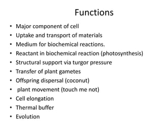Functions
• Major component of cell
• Uptake and transport of materials
• Medium for biochemical reactions.
• Reactant in biochemical reaction (photosynthesis)
• Structural support via turgor pressure
• Transfer of plant gametes
• Offspring dispersal (coconut)
• plant movement (touch me not)
• Cell elongation
• Thermal buffer
• Evolution
 