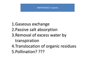 IMPORTANCE in plants
1.Gaseous exchange
2.Passive salt absorption
3.Removal of excess water by
transpiration
4.Translocation of organic residues
5.Pollination? ???
 