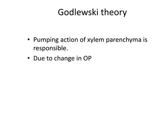 Godlewski theory
• Pumping action of xylem parenchyma is
responsible.
• Due to change in OP
 