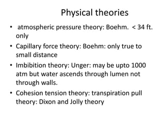 Physical theories
• atmospheric pressure theory: Boehm. < 34 ft.
only
• Capillary force theory: Boehm: only true to
small distance
• Imbibition theory: Unger: may be upto 1000
atm but water ascends through lumen not
through walls.
• Cohesion tension theory: transpiration pull
theory: Dixon and Jolly theory
 