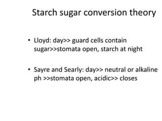 Starch sugar conversion theory
• Lloyd: day>> guard cells contain
sugar>>stomata open, starch at night
• Sayre and Searly: day>> neutral or alkaline
ph >>stomata open, acidic>> closes
 
