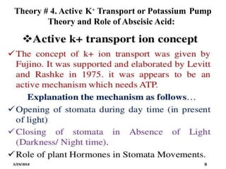 Theory # 4. Active K+ Transport or Potassium Pump
Theory and Role of Abscisic Acid:
The concept of K+
ion transport was given by Fujino. It was
supported and elaborated
be an active mechanism
by Levitt & Rashke in 1975 It appears to
which needs ATP. It is based on recent
observations and (explains the mechanism as follows.
 