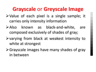 Grayscale or Greyscale Image
Value of each pixel is a single sample; it
carries only intensity information
Also known as black-and-white, are
composed exclusively of shades of gray;
varying from black at weakest intensity to
white at strongest
Grayscale images have many shades of gray
in between
 
