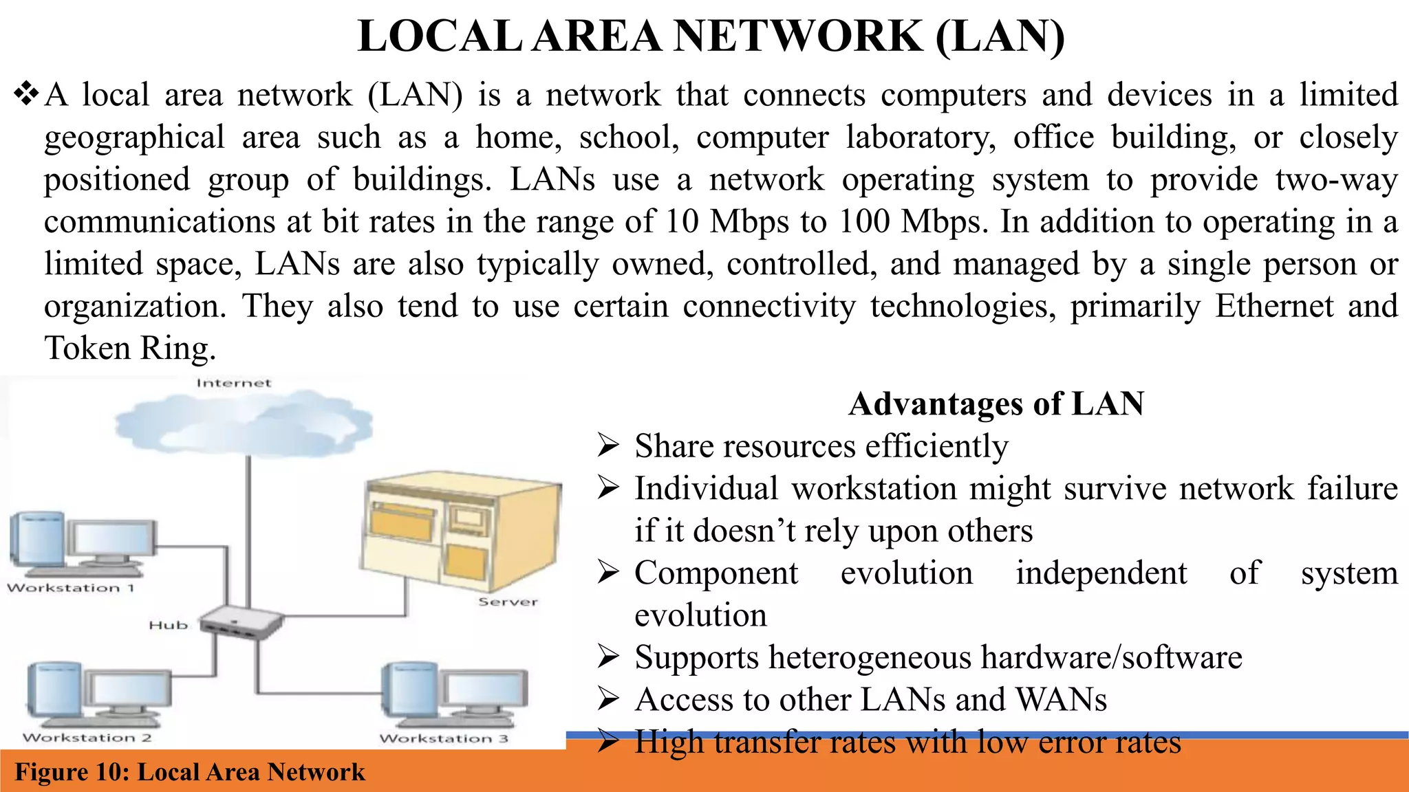A local area network (LAN) is a network that connects computers and devices in a limited
geographical area such as a home, school, computer laboratory, office building, or closely
positioned group of buildings. LANs use a network operating system to provide two-way
communications at bit rates in the range of 10 Mbps to 100 Mbps. In addition to operating in a
limited space, LANs are also typically owned, controlled, and managed by a single person or
organization. They also tend to use certain connectivity technologies, primarily Ethernet and
Token Ring.
LOCALAREA NETWORK (LAN)
Advantages of LAN
 Share resources efficiently
 Individual workstation might survive network failure
if it doesn’t rely upon others
 Component evolution independent of system
evolution
 Supports heterogeneous hardware/software
 Access to other LANs and WANs
 High transfer rates with low error rates
Figure 10: Local Area Network
 