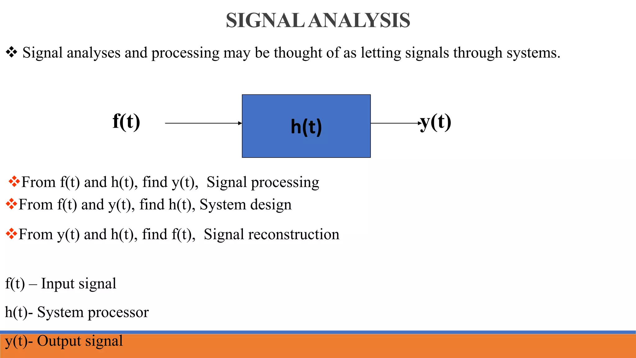 SIGNALANALYSIS
 Signal analyses and processing may be thought of as letting signals through systems.
h(t)
f(t) y(t)
From f(t) and h(t), find y(t), Signal processing
From f(t) and y(t), find h(t), System design
From y(t) and h(t), find f(t), Signal reconstruction
f(t) – Input signal
h(t)- System processor
y(t)- Output signal
 