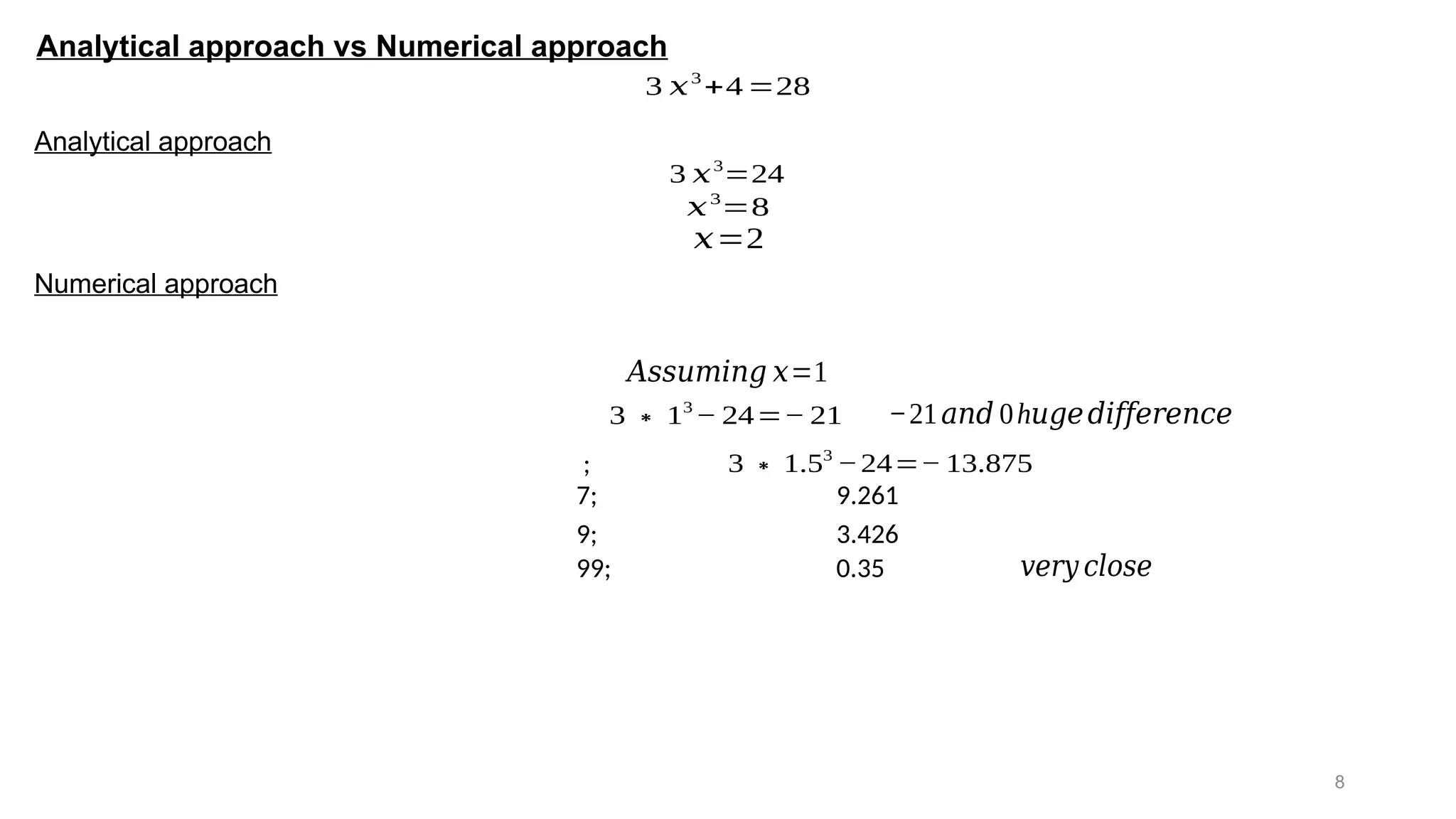 8 Analytical approach vs Numerical approach Analytical approach 3 𝑥3 +4 =28 3 𝑥3 =24 𝑥3 =8 𝑥=2 Numerical approach 𝐴𝑠𝑠𝑢𝑚𝑖𝑛𝑔 𝑥=1 3 ∗ 13 − 24=− 21 −21𝑎𝑛𝑑 0h𝑢𝑔𝑒𝑑𝑖𝑓𝑓𝑒𝑟𝑒𝑛𝑐𝑒 ; 3 ∗ 1.53 −24=− 13.875 7; 9.261 9; 3.426 99; 0.35 𝑣𝑒𝑟𝑦 𝑐𝑙𝑜𝑠𝑒 