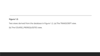Figure 1.5
Two views derived from the database in Figure 1.2. (a) The TRANSCRIPT view.
(b) The COURSE_PREREQUISITES view.
 