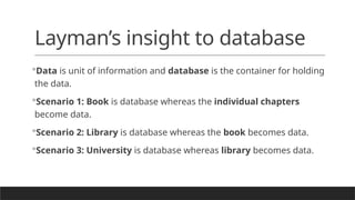 Layman’s insight to database
Data is unit of information and database is the container for holding
the data.
Scenario 1: Book is database whereas the individual chapters
become data.
Scenario 2: Library is database whereas the book becomes data.
Scenario 3: University is database whereas library becomes data.
 