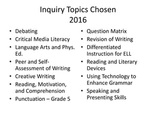 Inquiry Topics Chosen
2016
• Debating
• Critical Media Literacy
• Language Arts and Phys.
Ed.
• Peer and Self-
Assessment of Writing
• Creative Writing
• Reading, Motivation,
and Comprehension
• Punctuation – Grade 5
• Question Matrix
• Revision of Writing
• Differentiated
Instruction for ELL
• Reading and Literary
Devices
• Using Technology to
Enhance Grammar
• Speaking and
Presenting Skills
 
