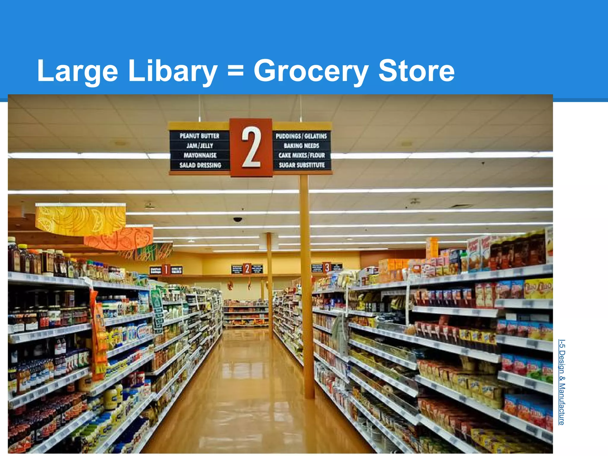 Large Libary = Grocery Store

I-5 Design & Manufacture

 