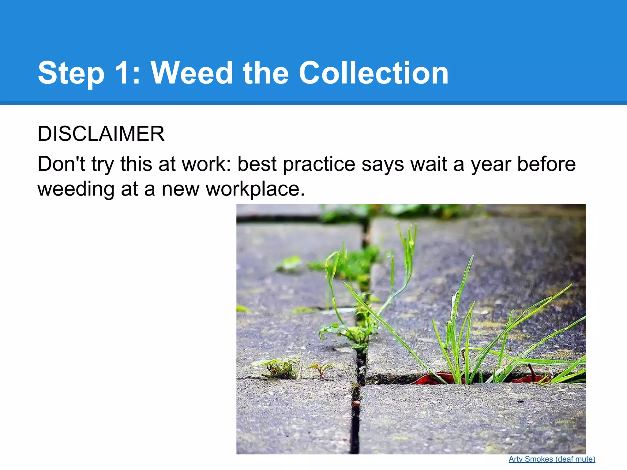 Step 1: Weed the Collection
DISCLAIMER
Don't try this at work: best practice says wait a year before
weeding at a new workplace.

Arty Smokes (deaf mute)

 
