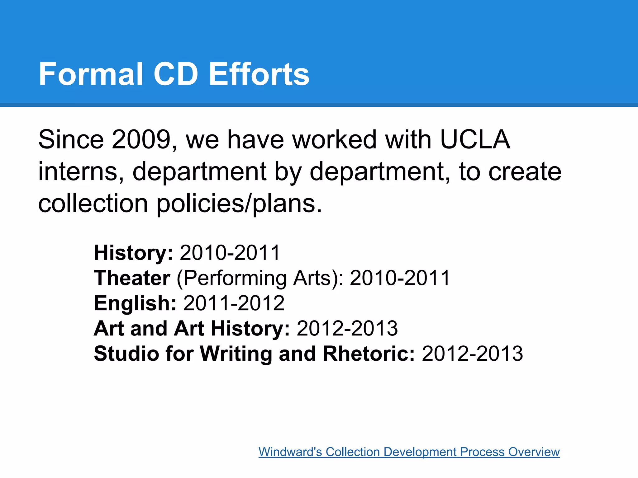 Formal CD Efforts
Since 2009, we have worked with UCLA
interns, department by department, to create
collection policies/plans.
History: 2010-2011
Theater (Performing Arts): 2010-2011
English: 2011-2012
Art and Art History: 2012-2013
Studio for Writing and Rhetoric: 2012-2013

Windward's Collection Development Process Overview

 