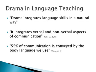 “Drama integrates language skills in a natural way”“It integrates verbal and non-verbal aspects of communication” (Maley and Duff I)“55% of communication is conveyed by the body language we use” (Thompson 1)Drama in LanguageTeaching