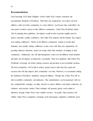 12 
Recommendations 
Upon becoming CEO, Brian Gallagher revised United Way’s mission statement and 
recommended Standards of Excellence. With these new requirements set in place, the local 
affiliates could serve their communities in a more effective way because they could follow the 
same goals to achieve success in their different communities. United Way Worldwide hoped 
“that by adopting these guidelines, the chapters would be able to provide tangible proof to 
donors, especially wealthy contributors, that United Way chapters and the charities they support 
were making a difference”. Donors in the different communities wanted to see that their 
donations were actually making a difference in their areas; with these new requirements for 
providing financial statements, donors are seeing where their donations are helping in their 
communities. Additionally, this will help headquarters watch over the different board members 
and make sure all chapters are financially accountable. These new guidelines help United Way 
Worldwide to leverage all of their existing resources and put them to use in desirable locations. 
The local communities will be able to achieve greater success when they have goals and 
resources that will help improve their communities over time. Moreover, we recommend making 
the Standards of Excellence mandatory among all affiliates. Through this, United Way will be 
able to establish commonality and unification. This standardization can be maximized with two 
new company9wide strategies: an online network to connect affiliates and annual conferences for 
volunteers and executive leaders. These strategies will generate greater social capital to 
ultimately leverage United Way’s most valuable resource – its people. These practices will 
solidify United Way’s competitive advantage in the increasingly competitive non9profit sector. 
 