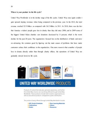 26 
Where is your product in the life cycle? 
United Way Worldwide is in the decline stage of the life cycles. United Way once again couldn t 
gain upward sloping revenues when being compared to the previous year. In the 2012, the total 
revenue reached $3.9 billion as compared with $4.2 billion in 2011. In 2010, there was the fact 
that America s richest people gave less to charity than they did since 2000, and in 2009 some of 
the biggest United States charities saw donations decreased by 11 percent, which is the worst 
decline for the past 20 years. The organization focused less on the distribution of funds and more 
on advancing the common good by figuring out the main causes of problems that have made 
customers reduce their confidence to the organization. One more reason is that a number of people 
love to donate directly rather than through charity offices, the operations of United Way are 
gradually slowed down its life cycle. 
 