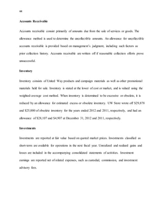 44 
Accounts Receivable 
Accounts receivable consist primarily of amounts due from the sale of services or goods. The 
allowance method is used to determine the uncollectible amounts. An allowance for uncollectible 
accounts receivable is provided based on management’s judgment, including such factors as 
prior collection history. Accounts receivable are written off if reasonable collection efforts prove 
unsuccessful. 
Inventory 
Inventory consists of United Way products and campaign materials as well as other promotional 
materials held for sale. Inventory is stated at the lower of cost or market, and is valued using the 
weighted-average cost method. When inventory is determined to be excessive or obsolete, it is 
reduced by an allowance for estimated excess or obsolete inventory. UW Store wrote off $29,878 
and $25,000 of obsolete inventory for the years ended 2012 and 2011, respectively, and had an 
allowance of $28,107 and $4,907 at December 31, 2012 and 2011, respectively. 
Investments 
Investments are reported at fair value based on quoted market prices. Investments classified as 
short-term are available for operations in the next fiscal year. Unrealized and realized gains and 
losses are included in the accompanying consolidated statements of activities. Investment 
earnings are reported net of related expenses, such as custodial, commission, and investment 
advisory fees. 
 