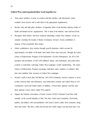 52 
United Way and organized labor work together to: 
 Train union members to assist co-workers and their families with information about 
available local services and to refer them to the appropriate organizations. 
 Recruit, train and help place members of organized labor on the decision-making bodies of 
health and human-service organizations. This is done at the national, state and local levels. 
 Recognize labor leaders who have rendered outstanding United Way volunteer service by 
annually awarding the Joseph A. Bernie Community Services Award, established in 
memory of that remarkable labor leader. 
 Solicit contributions from workers through payroll deduction, which account for 
approximately two-thirds of the funds that United Ways raise each year. Through the Labor 
Letters of Endorsement Program of the Department of Labor Participation, the AFL-CIO 
president asks presidents of AFL-CIO-affiliated unions, state federations and central labor 
councils to send letters endorsing United Way campaigns to their memberships. The Labor 
Letters of Endorsement Program encourages individual union members to volunteer their 
time and contribute their resources to United Way campaigns. 
 Provide a staff of more than 160 full-time AFL-CIO Community Services Liaisons to serve 
as links between their state federations and central labor councils and United Ways in 165 
communities across the United States. In addition, 18 local labor agencies and four state 
labor agencies receive direct United Way support. 
 Support the National Association of Letter Carriers' (NALC) National Food Drive held 
annually on the second Saturday in May. The drive stocks local community food banks, 
pantries and shelters with non-perishables that Letter Carriers collect from customers along 
their mail routes. The drive, which has become the world's largest one-day food drive, was 
 
